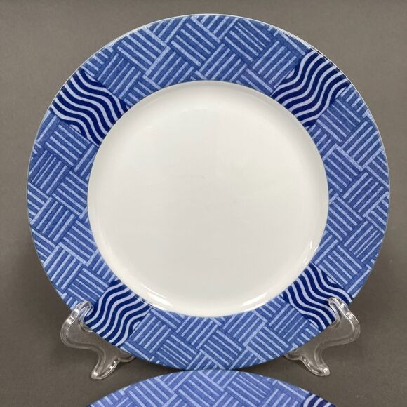 Crate & Barrel Rafia Blue White Waves Wavy Salad Plates Lead Cadmium Lot of 2 - Picture 2 of 9